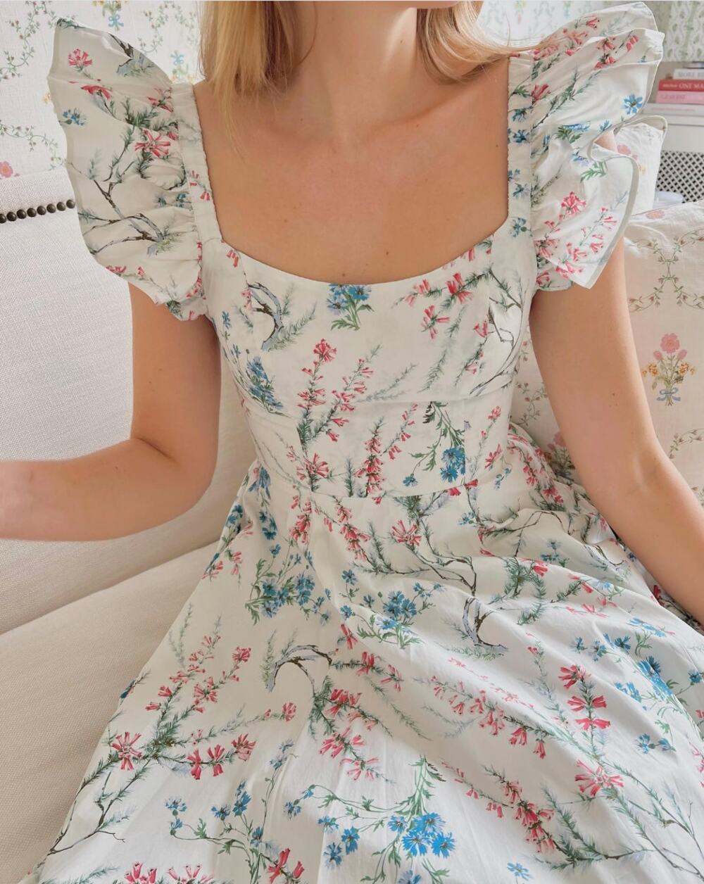 Hill House Home Daphne Midi Dress Spring Chintz White Floral Ruffle Easter XS